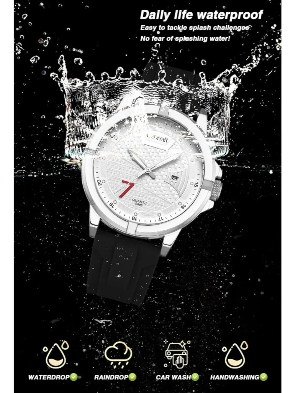 Men's Black And Silver Analog Silicone Band Unique Design Waterproof Wrist Watch